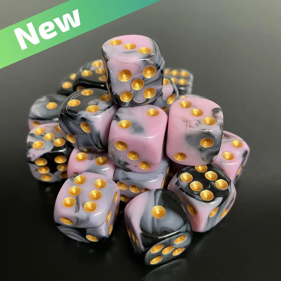16Mm Dice Glossy Pearl Pink-Black (Gold Pips) 1