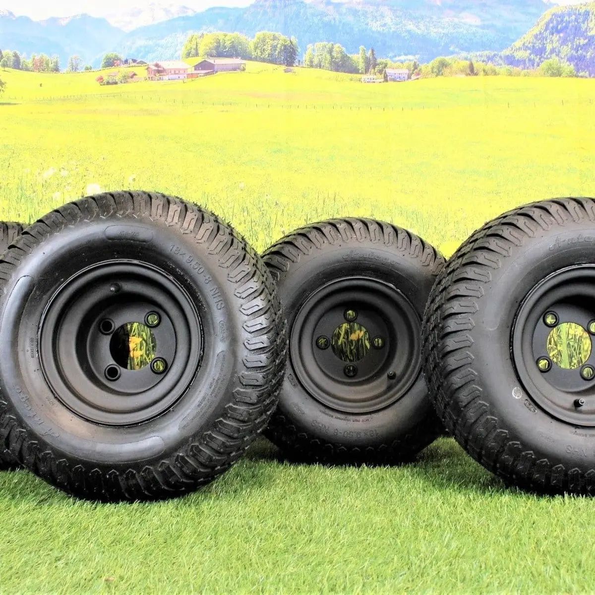 (Set Of 4) Matte Black Wheels With 18X9.50-8 4 Ply Turf Tires For Golf And Lawn And Garden Equipment 1