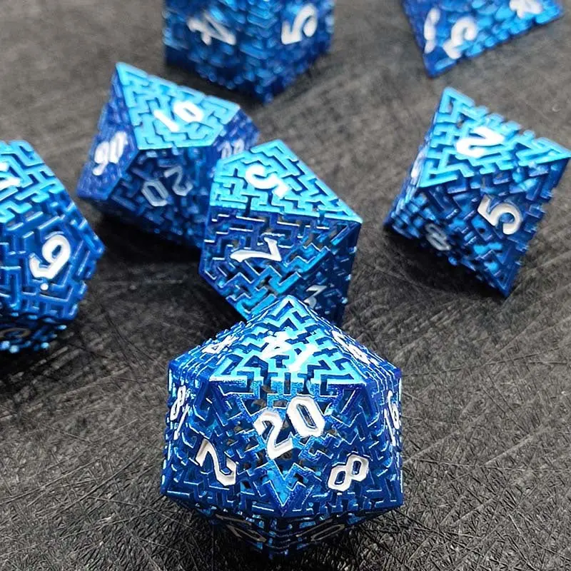 D&D Dice Set Metal Maze - Anodised Blue (White) 1