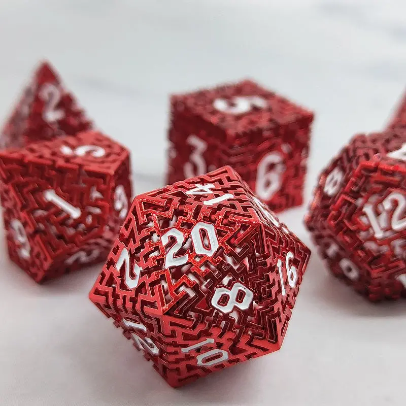 D&D Dice Set Metal Maze - Anodised Red (White) 1