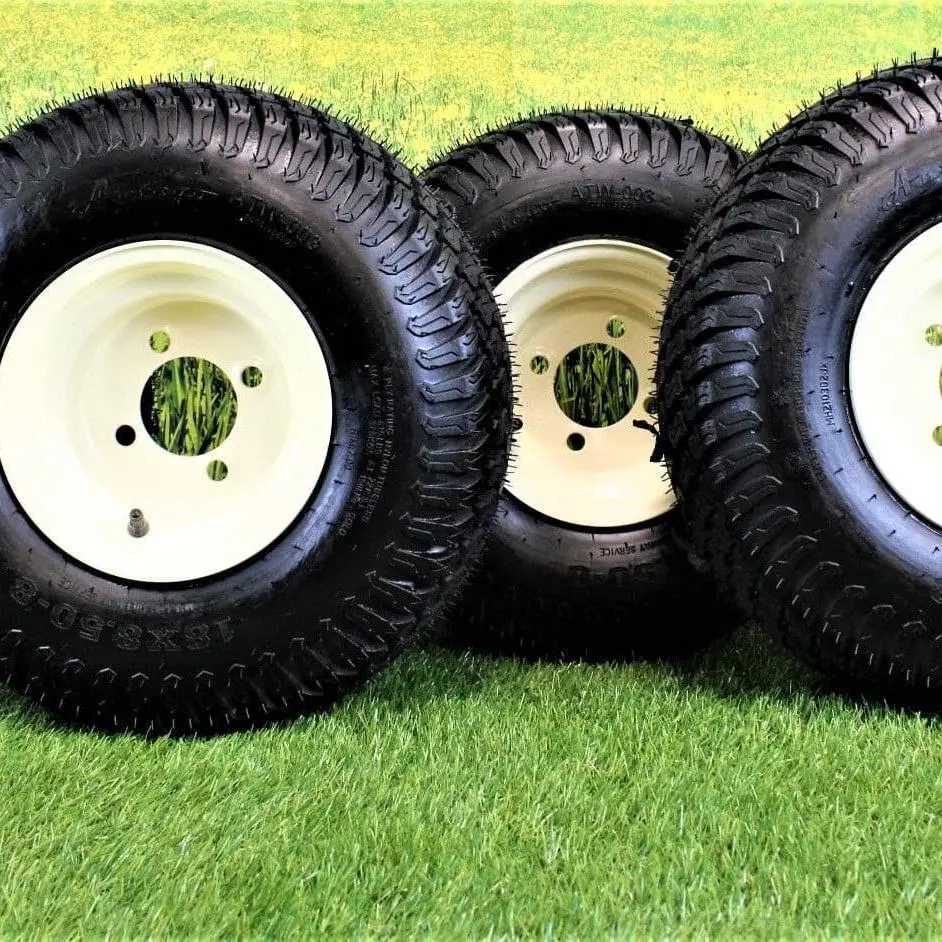 18X8.50-8" Turf Tires 4 Ply With 8X7 Beige/Tan Steel Golf Cart Wheel Assemblies Atw-003 (Set Of 4) 1