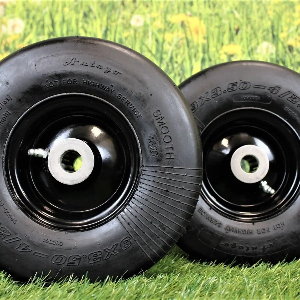 9X3.50-4 Flat Proof, Smooth Semi Pneumatic With Black Wheel (Set Of 2) Replacement For Ariens And Gravely 1