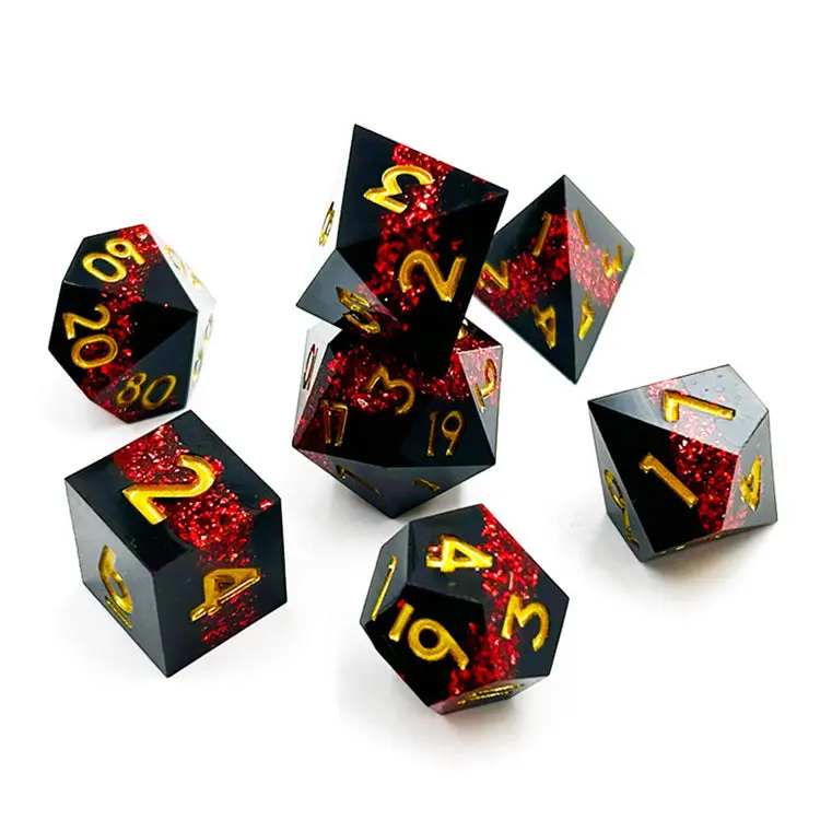 D&D Dice Set Sharp Edge - Black With Ruby Seam (Gold) 1