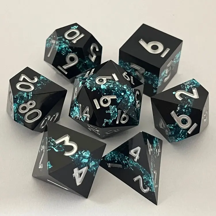 D&D Dice Set Sharp Edge - Black With Blue Topaz Seam (Silver) 1