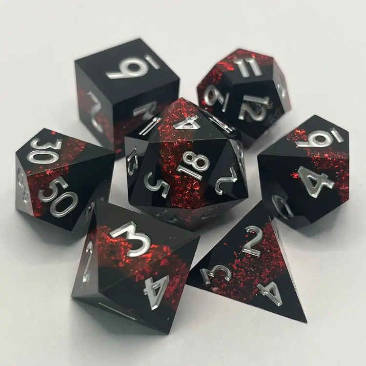 D&D Dice Set Sharp Edge - Black With Garnet Seam (Silver) 1
