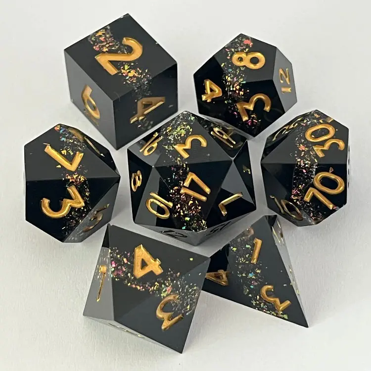 D&D Dice Set Sharp Edge - Black With Opal Seam (Gold) 1