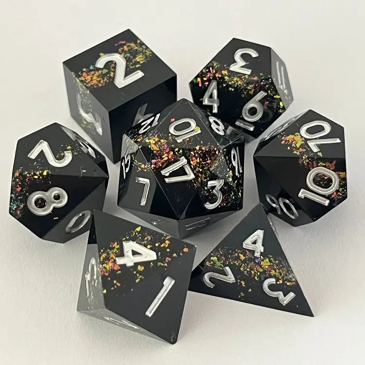 D&D Dice Set Sharp Edge - Black With Opal Seam (Silver) 1