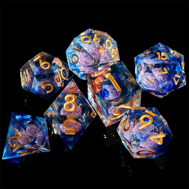 D&D Dice Set Sharp Edge Liquid Core - Blue Gold Fleck (Silver) 1