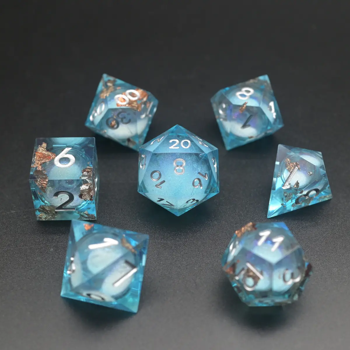D&D Dice Set Sharp Edge Liquid Core - Blue Sky Gold Fleck (Silver) 1