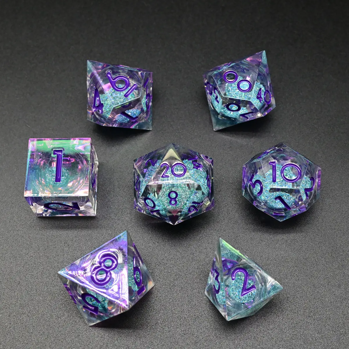 D&D Dice Set Liquid Core - Colour Shift Clear, Blue Silver Liquid (Purple) 2