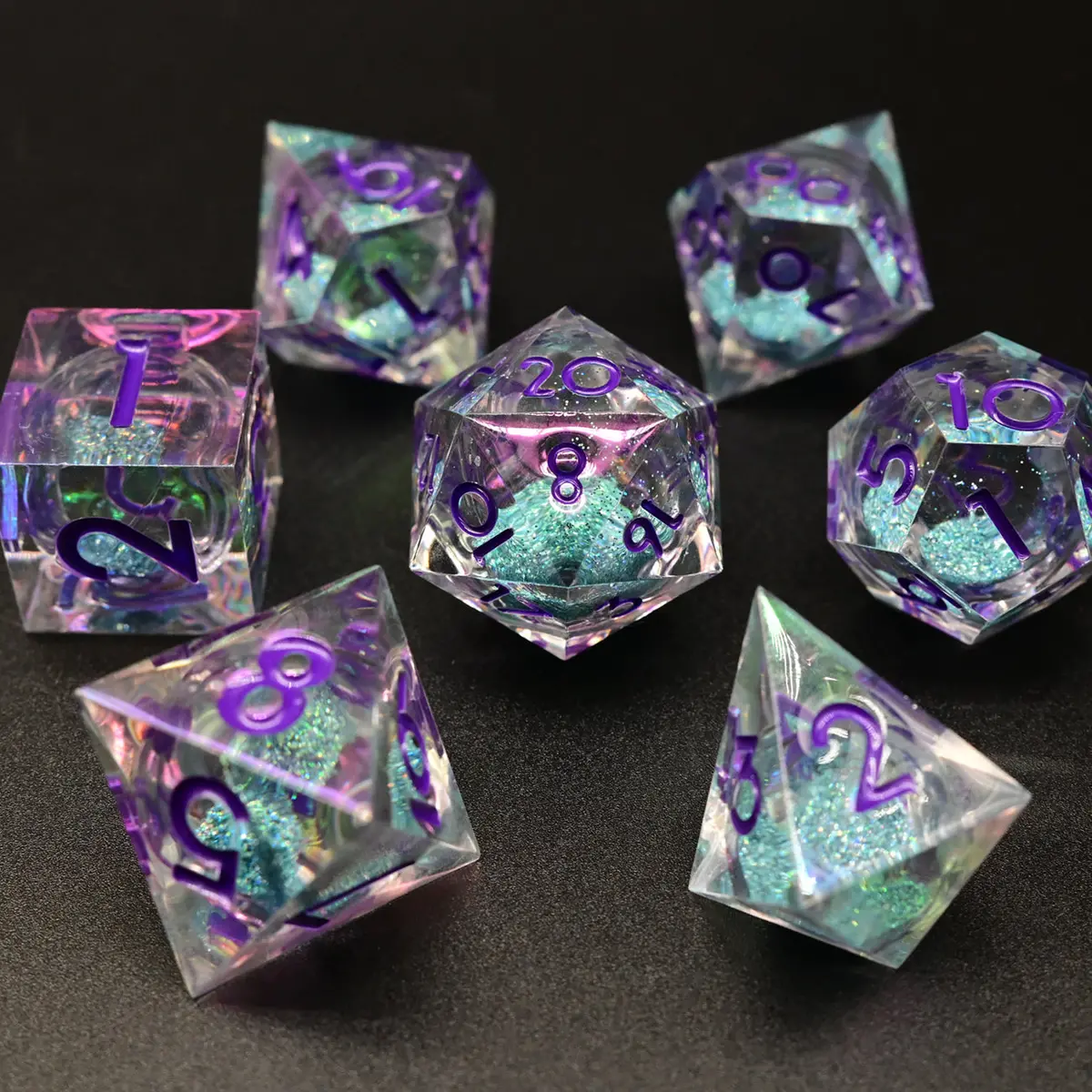 D&D Dice Set Liquid Core - Colour Shift Clear, Blue Silver Liquid (Purple) 1