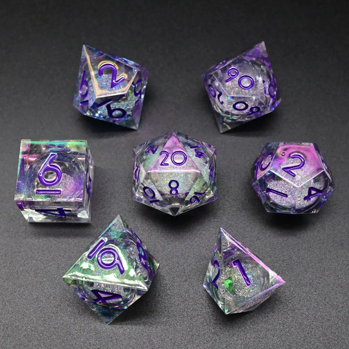D&D Dice Set Sharp Edge Liquid Core - Colour Shift Clear, Silver Liquid (Purple) 1
