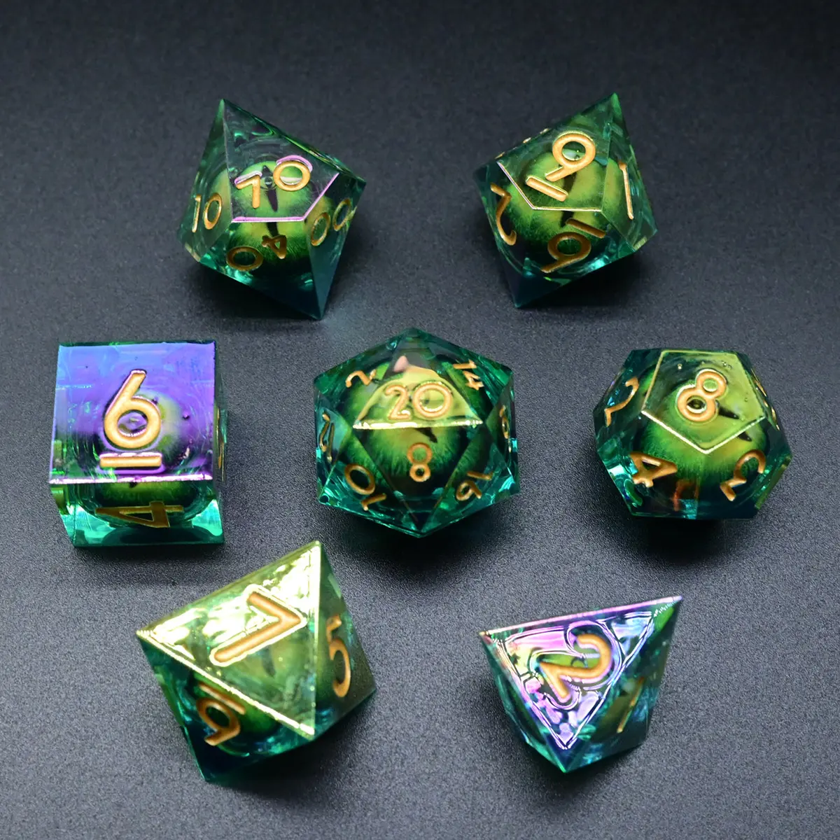 D&D Dice Set Sharp Edge Dragons Eye - Colour Shift Green (Gold) 1