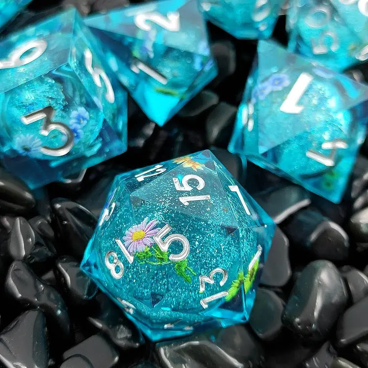 D&D Dice Set Sharp Edge With Flower - Blue (Silver) 1