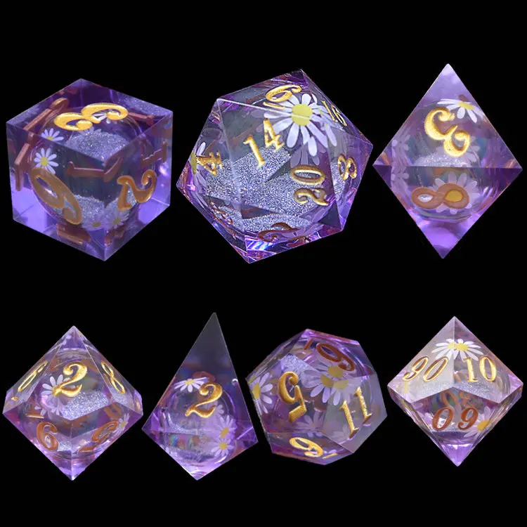 D&D Dice Set Sharp Edge With Flower - Violet (Gold) 1