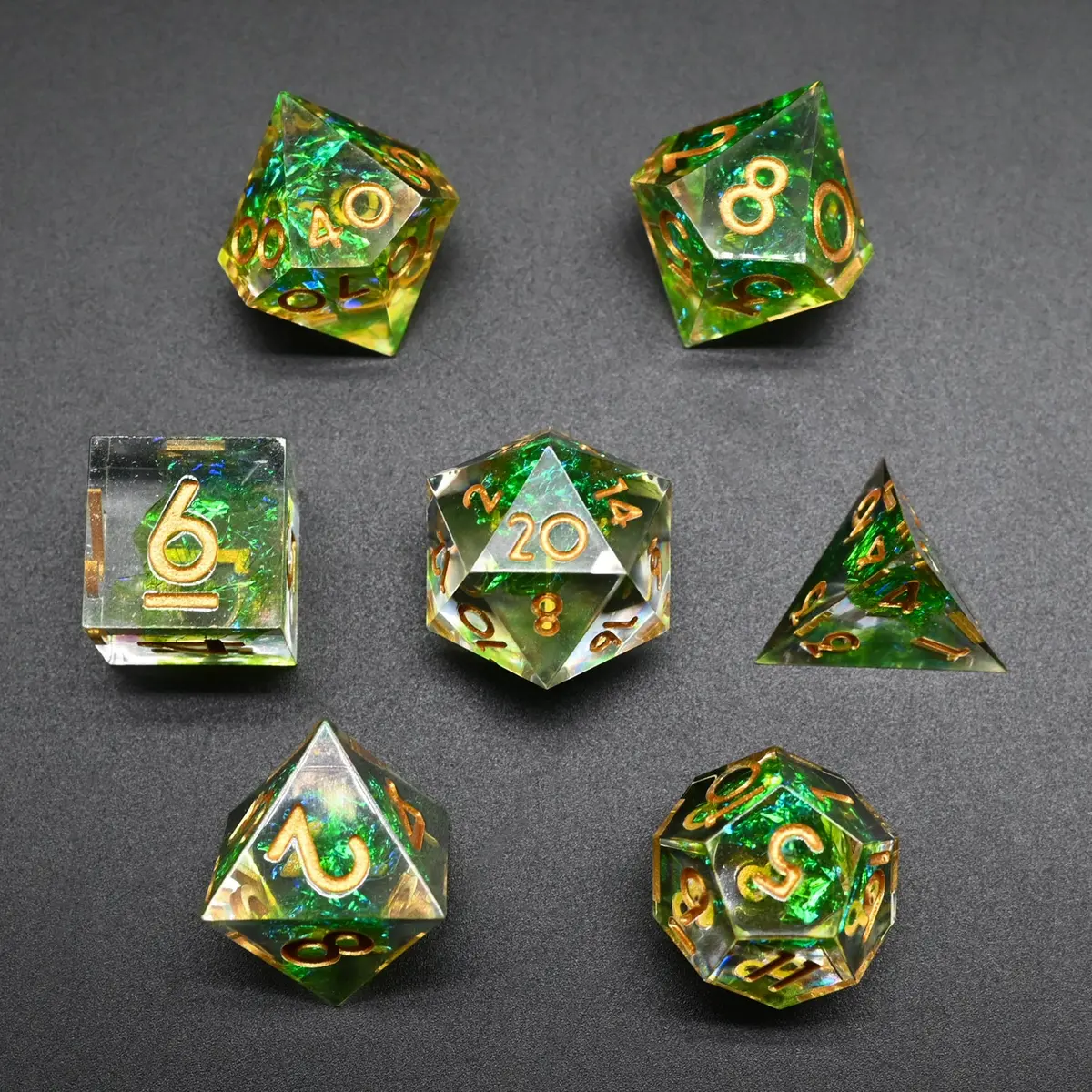 D&D Dice Set Sharp Edge - Green Swirl (Gold) 1