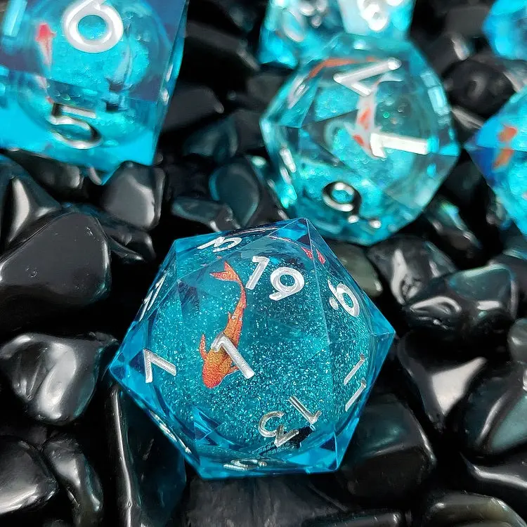 D&D Dice Set Sharp Edge Liquid Core With Koi Fish - Blue (Silver) 1