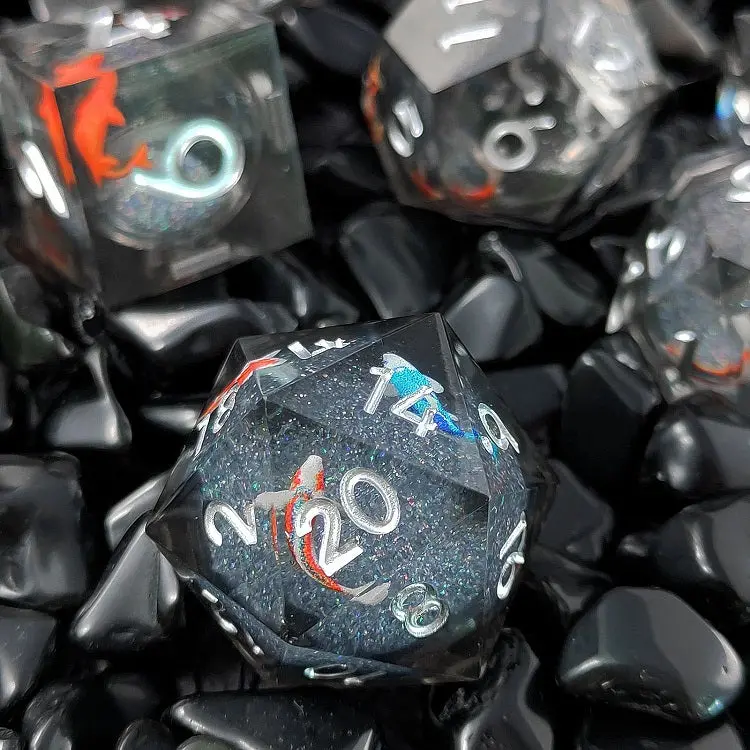 D&D Dice Set Sharp Edge Liquid Core With Koi Fish - Black (Silver) 1