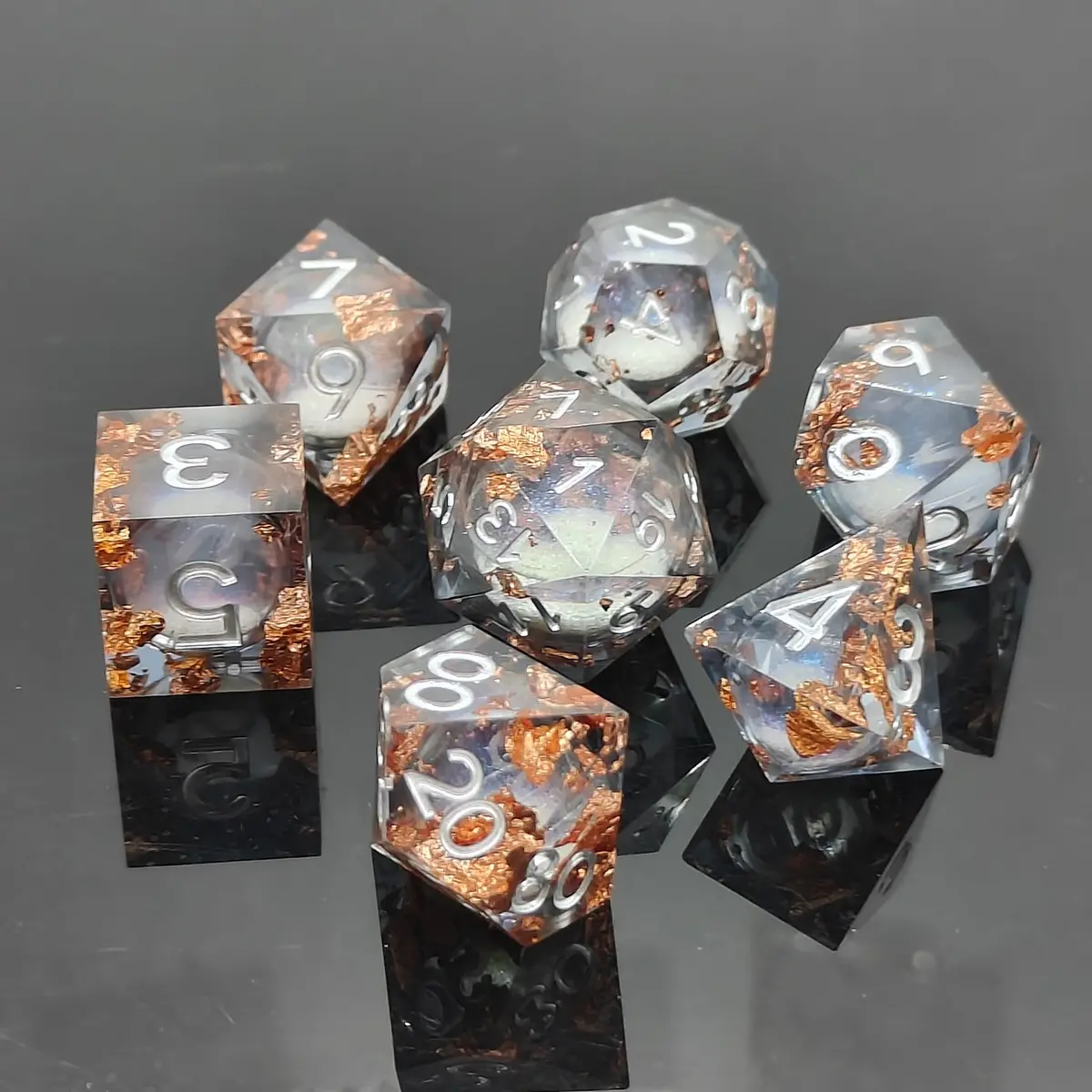 D&D Dice Set Sharp Edge Liquid Core - Overcast Sky Gold Fleck (Silver) 1