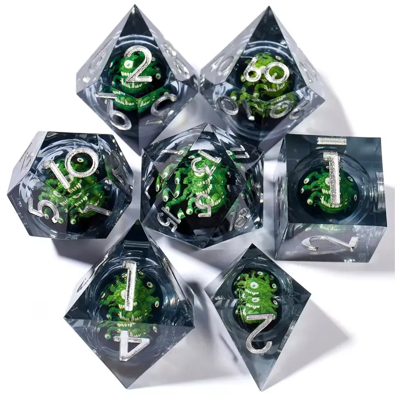 D&D Dice Set Sharp Edge Liquid Core - Smoky Green Beholder (Silver) 1