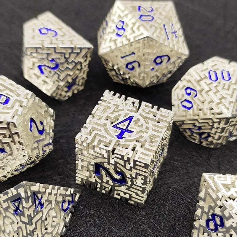 D&D Dice Set Metal Maze - White Aluminium (Blue) 1
