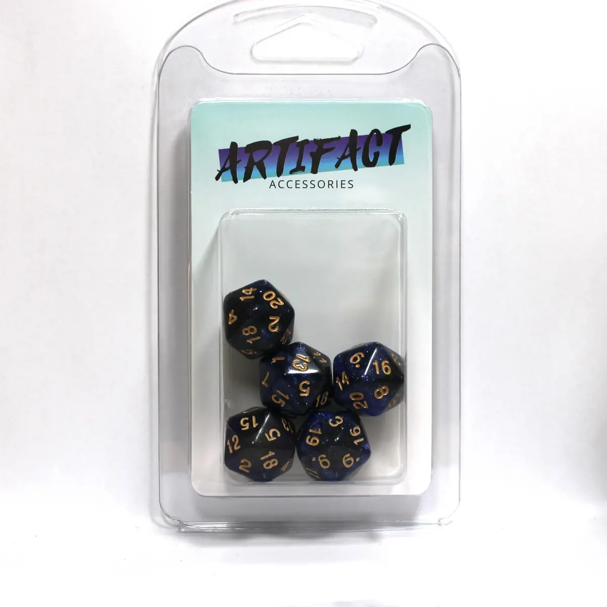 D20s (5) Pearl Blue & Black (Gold) Dice 1